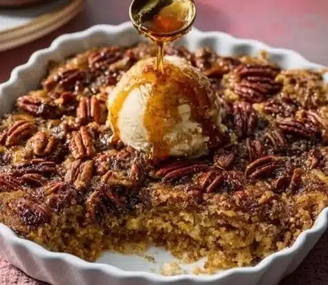 Pecan Pie Dump Cake 2 Delicious Pecan Pie Dump Cake topped with pecans and ready to serve.