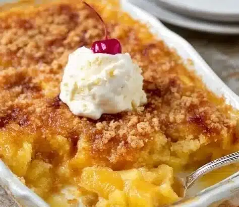 Pineapple Dump Cake 3 Delicious Pineapple Dump Cake served on a plate with sweet pineapple chunks