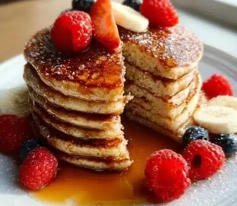 Protein Pancakes 27 Delicious protein pancakes stacked on a plate with fresh fruit