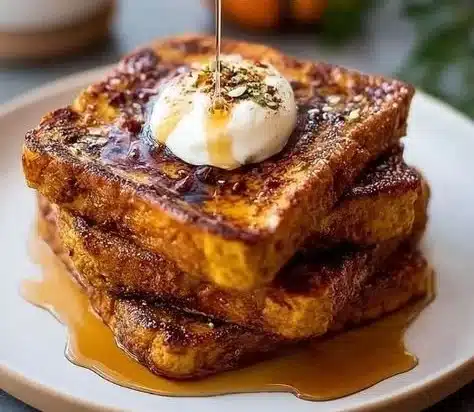 Delicious Pumpkin French Toast topped with maple syrup and whipped cream