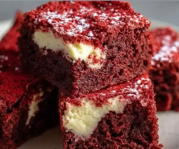 Delicious red velvet brownies topped with cream cheese frosting