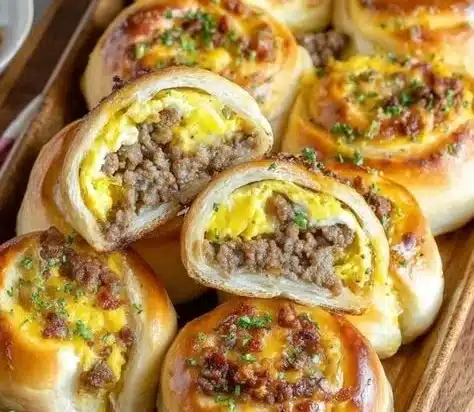 Sausage Egg Breakfast Rolls 28 Sausage egg breakfast rolls served on a plate, ideal for a hearty morning meal.