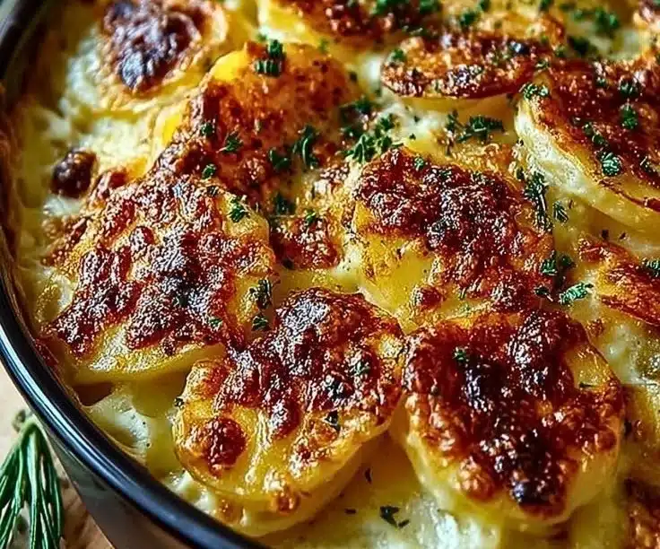 Dish of creamy scalloped potatoes topped with melted cheese and herbs.