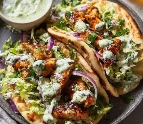 Sheet pan chicken pitas topped with herby ranch dressing on a wooden table.