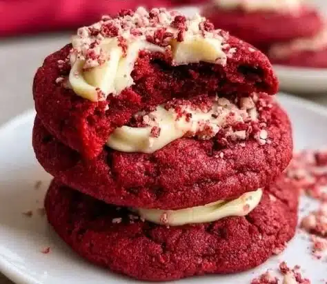 Soft red velvet cookies with white chocolate chips on a plate