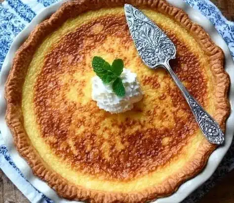 Delicious slice of Southern Buttermilk Pie served on a plate with a fork