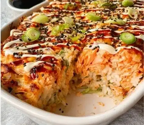 Spicy Salmon Sushi Bake 12 Delicious Spicy Salmon Sushi Bake served in a dish