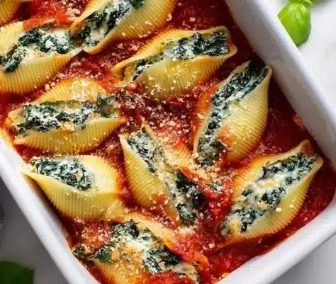 Spinach and Ricotta Stuffed Shells 7 Plate of spinach and ricotta stuffed shells topped with marinara sauce and cheese.