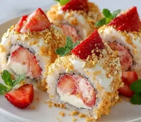 Delicious strawberry shortcake sushi rolls with fresh strawberries and cream