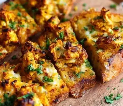 Tandoori Chicken Garlic Bread topped with herbs and spices
