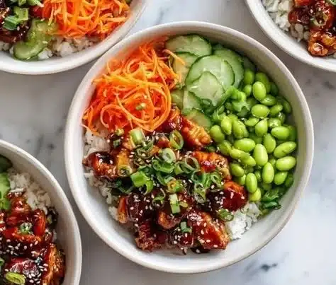 Delicious TikTok viral sticky chicken rice bowls served in a bowl