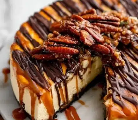 Turtle Cheesecake 13 Slice of Turtle Cheesecake with chocolate and caramel topping