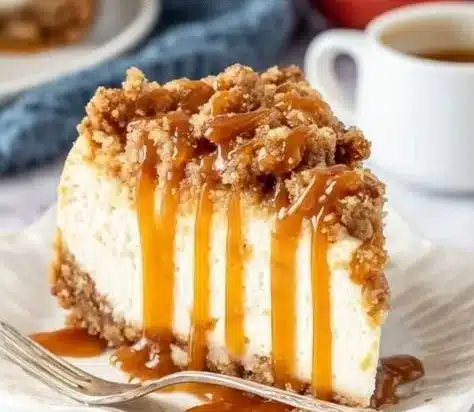 Slice of Ultimate Apple Crisp Cheesecake topped with cinnamon and apple topping