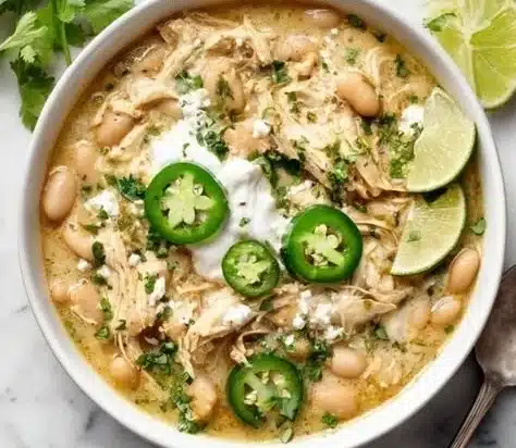 A bowl of delicious White Chicken Chili topped with cilantro and cheese