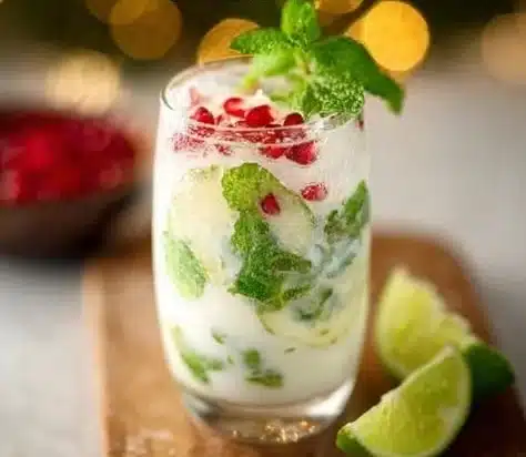 Refreshing White Christmas Mojito cocktail with mint and cranberry garnish