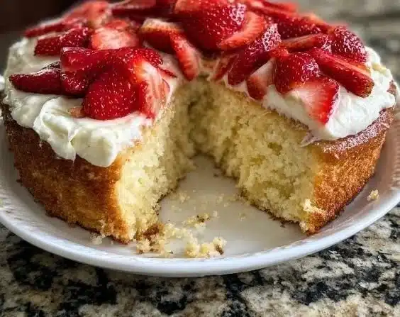 Yogurt Vanilla Cake topped with fresh strawberries on a white plate